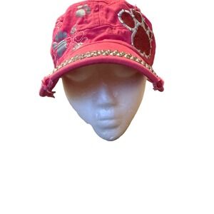 Premium Pink‎ Cadet Hat Glitter Paw Print Studded Distressed Cap Womens